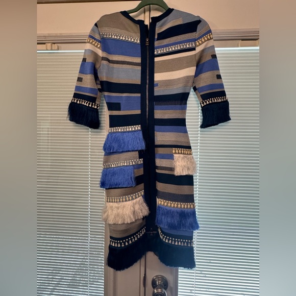 RARE! Herve Leger Abstract Blue Fringe Dress Like New size Small - Picture 2 of 6